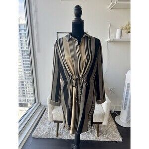 Nordstrom Tan Black Stripe 3/4 Sleeve Button Front Tie Waist Shirt Dress Size LP